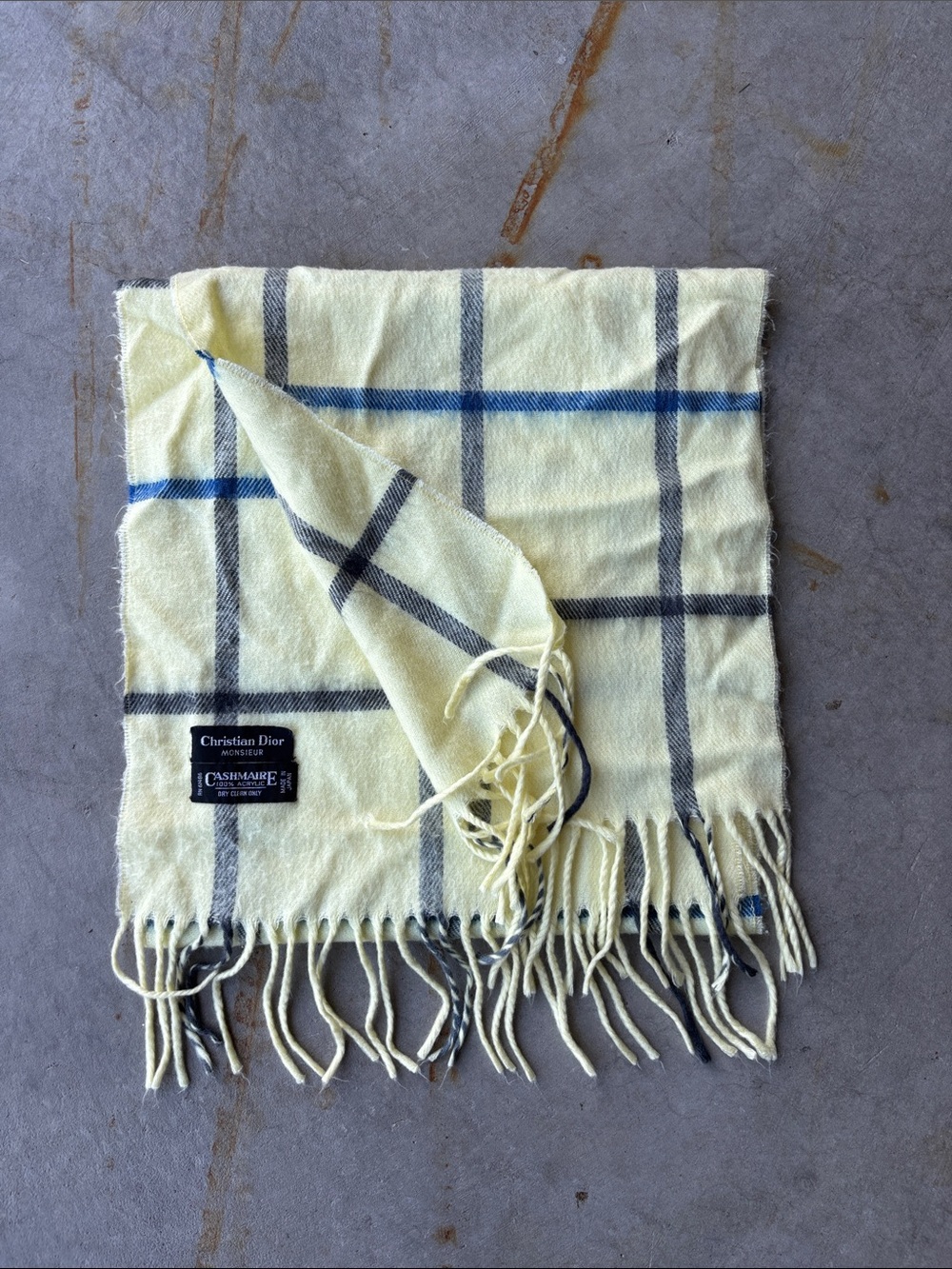 Vintage Christian Dior Monsieur Butter Yellow Scarf Made in Japan Plaid Fringe